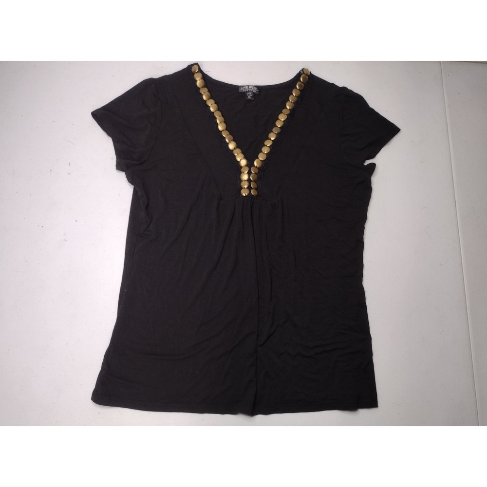 One West New York Black V-Neck Top Gold Stud Trim Empire Waist XL Made in USA